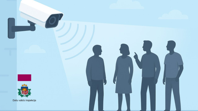 Uz sienas piestiprināta novērošanas kamera uztver gan attēlu, gan skaņu. Tās redzeslokā atrodas četri cilvēki siluetu veidā. Fons gaiši zils ar dažiem mākoņiem.