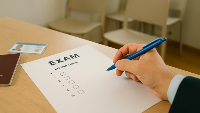 Cilvēks sēž pie galda un gatavojas rakstīt eksāmenu. Uz galda redzama eksāmena lapa ar izvēles atbildēm, pildspalva rokā, kā arī novietota pase un personas apliecība. Fonā – tukšas krēsla rindas, radot oficiālas eksaminācijas telpas sajūtu.