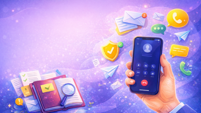 Ilustrācija ar roku, kas tur viedtālruni ar aktīvu zvanu ekrānu, apkārt redzamas e-pasta, ziņojumu, drošības un dokumentu ikonas, simbolizējot digitālo komunikāciju, klientu apkalpošanu un informācijas pārvaldību.