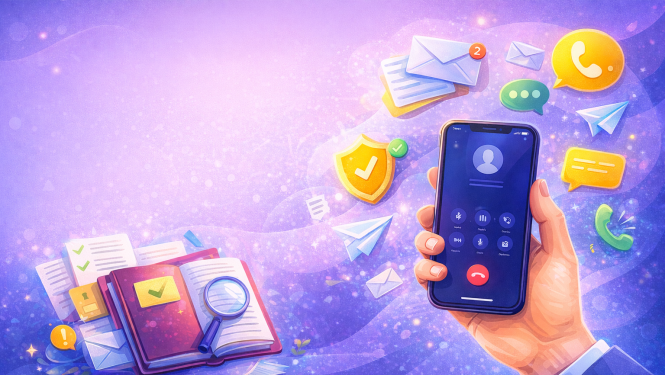 Digitāla ilustrācija, kurā redzama roka ar viedtālruni notiekoša telefona zvana laikā, fonā – dokumenti, atvērta grāmata, palielināmais stikls un dažādas saziņas ikonas, kas simbolizē telemārketingu, informācijas apmaiņu un personas datu aizsardzību.