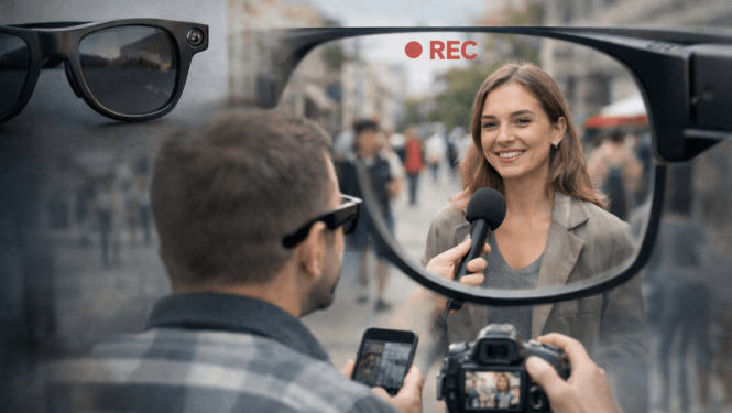 Cilvēks ar viedajām brillēm intervē sievieti uz ielas, kamēr apkārt redzami garāmgājēji; attēls ilustrē filmēšanu publiskā vietā no briļļu nēsātāja skatupunkta.