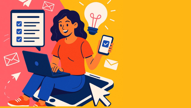 Sieviete ar datoru un telefonu rokā, fonā anketa, spuldze un e-pasta ikonas — aicinājums piedalīties aptaujā.