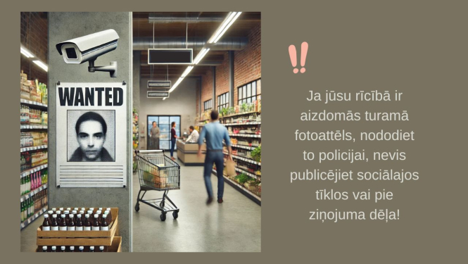 Pārtikas veikals, kur pie ziņojuma dēļa ir noziedzinieka foto