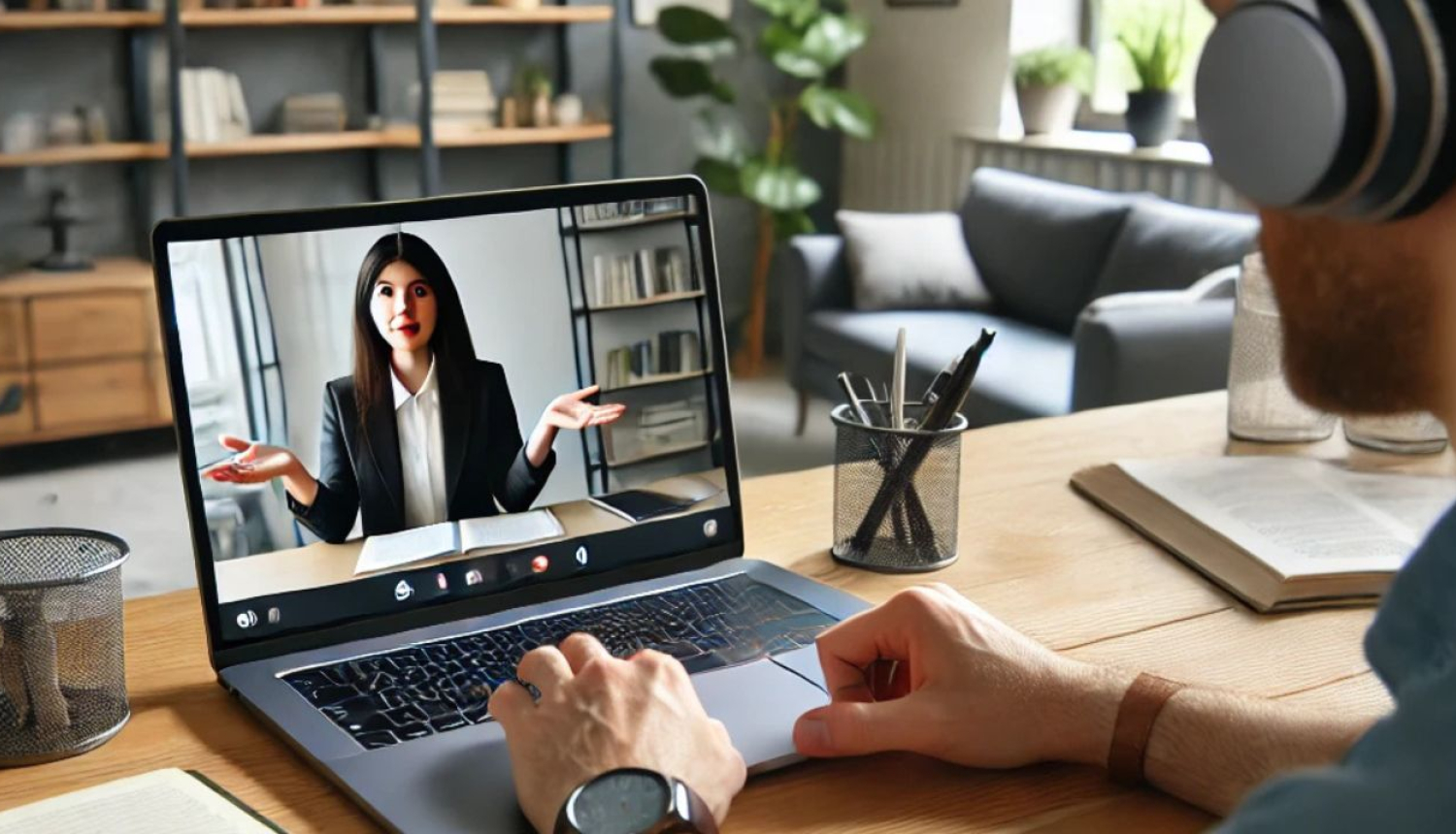 Sieviete vada online semināru, vīrietis klausās to