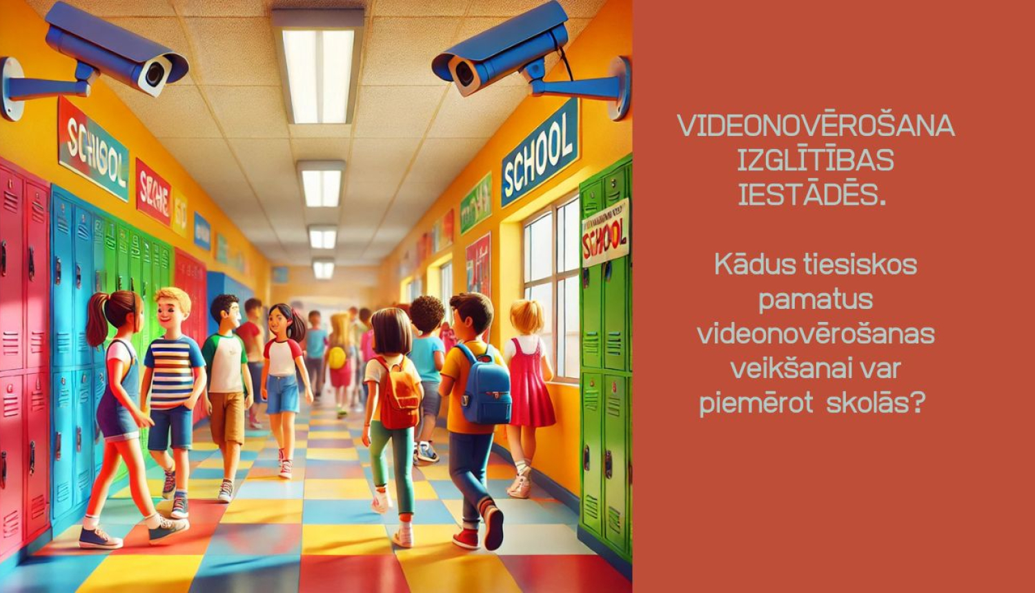 Skolēni skolas gaitenī, redzamas videonovērošanas kameras