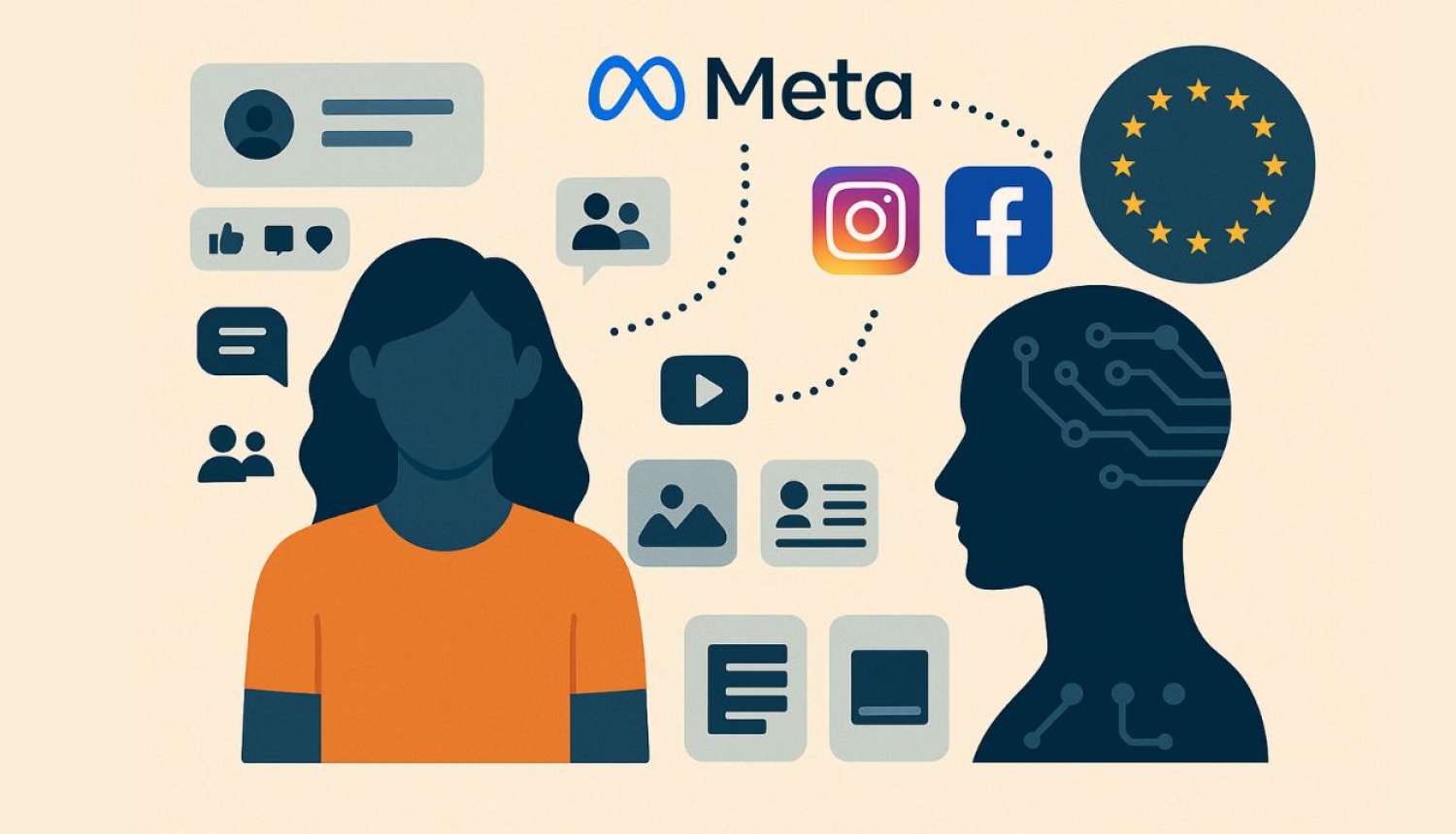 Grafiska ilustrācija attēlo Facebook un Instagram lietotāju publisko datu izmantošanu mākslīgā intelekta apmācībai ES. Kreisajā pusē redzama cilvēka figūra ar dažādiem ikonu burbuļiem.