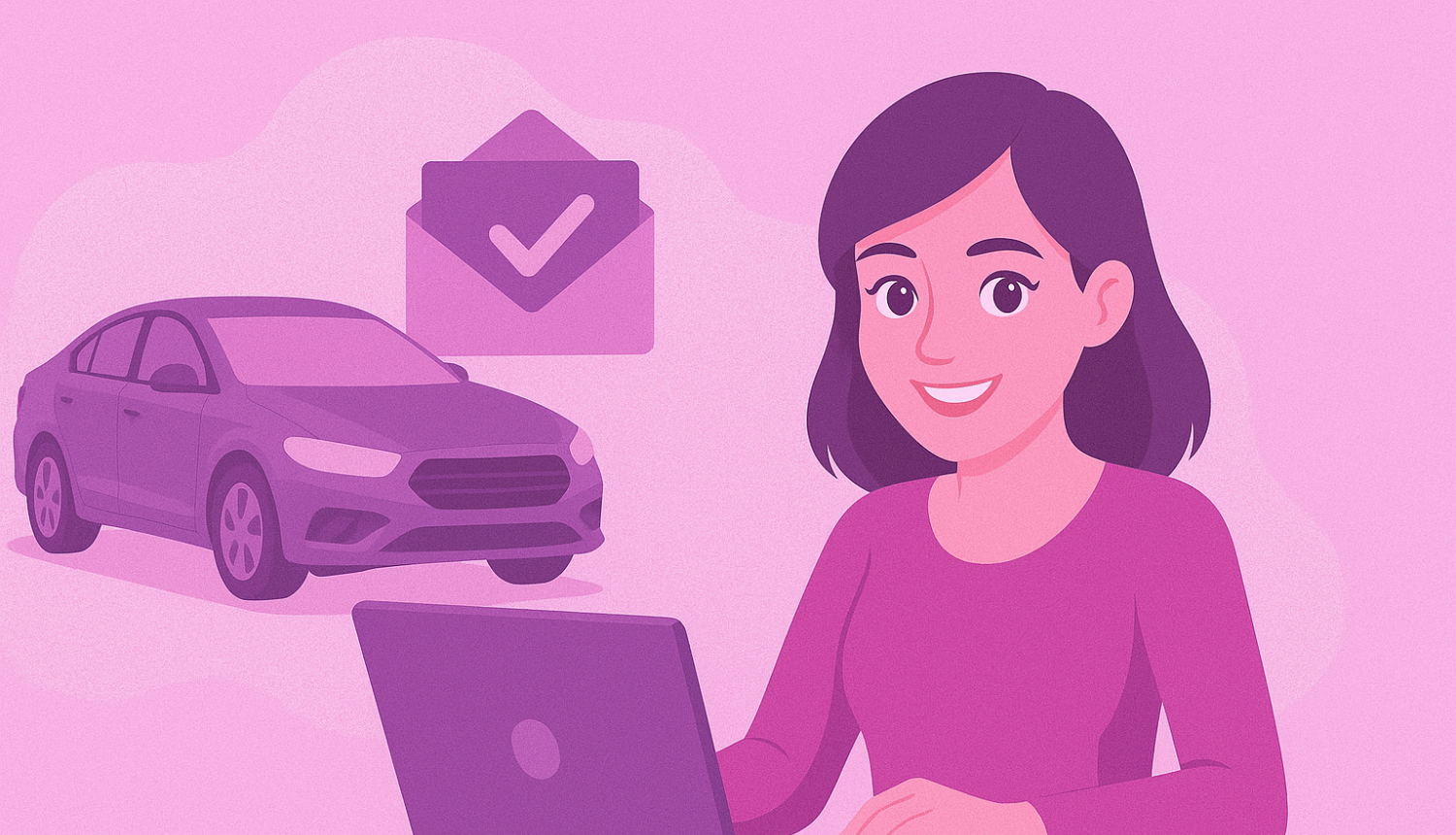 Jauna sieviete pie klēpjdatora, fonā auto un e-pasta ikona, viss rozīgos un lillā toņos