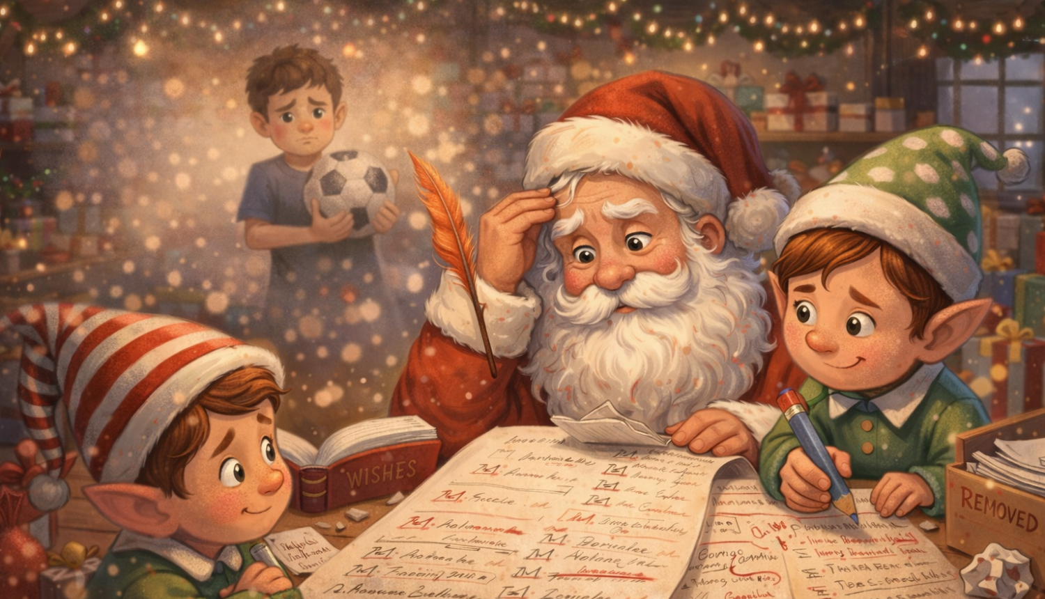 Ziemassvētku vecītis ar diviem rūķiem siltā darbnīcā pārskata lielo dāvanu sarakstu, kamēr fonā kā sapņu tēls redzams skumjš bērns ar bumbu rokās, simbolizējot neprecīzu datu sekas.