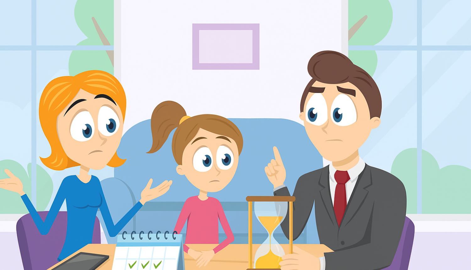 Ilustrācija ar trīs cilvēkiem pie galda – vīrieti uzvalkā ar smilšu pulksteni rokās, sievieti, kas rausta plecus, un bērnu. Uz galda redzams kalendārs un planšete. 