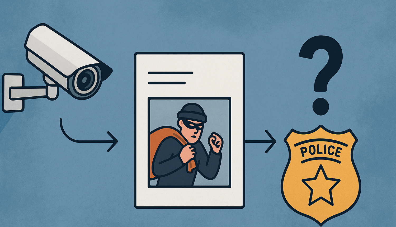 Videonovērošanas kamera, noziedznieks ar masku un somu dokumentā, bultiņa uz policijas emblēmu ar jautājuma zīmi virs tās.