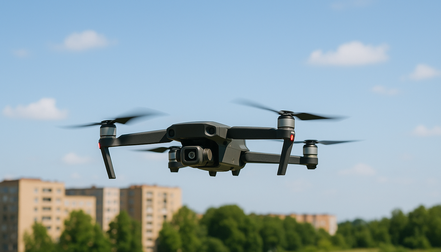 Melns drons ar kameru lido gaisā virs daudzdzīvokļu ēkām un zaļas ainavas, fonā zilas debesis ar mākoņiem