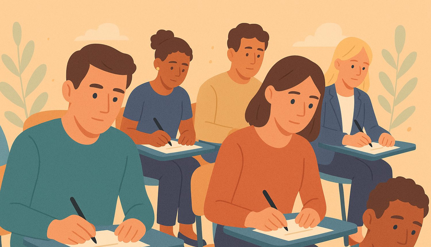 Cilvēki sēž klasē pie galdiņiem un raksta eksāmenu, fonā gaišs interjers ar stilizētiem augiem un mākoņiem