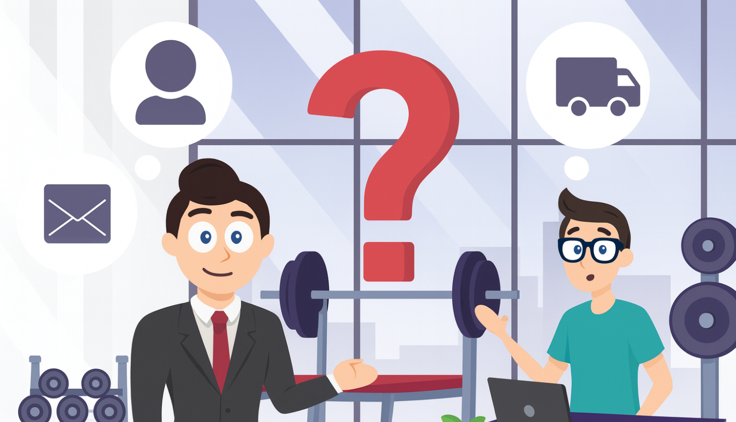 Divi cilvēki sporta zālē diskutē – viens uzvalkā, otrs sporta apģērbā ar klēpjdatoru. Starp viņiem liels jautājuma zīmes simbols. Fonā redzami trenažieri un lielie logi ar pilsētas skatu.