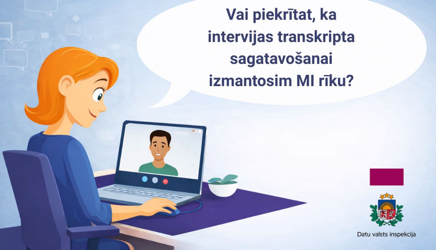 Ilustrācija, kurā sieviete attālinātas darba intervijas laikā sarunājas ar kandidātu videozvanā