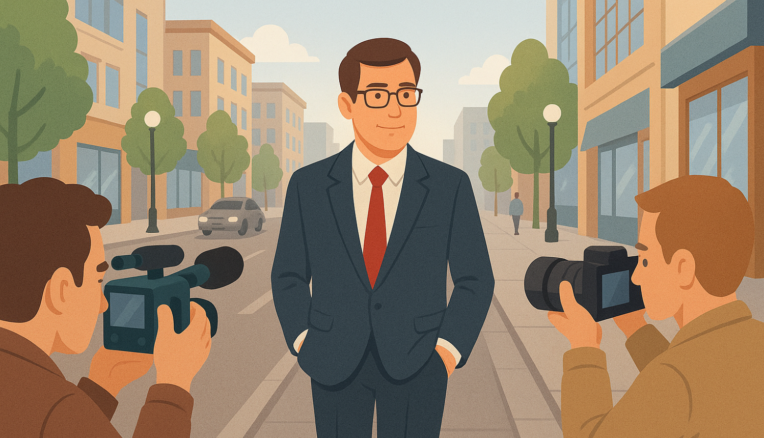 Amatpersona uzvalkā iet pa pilsētas ielu, kamēr divi cilvēki no abām pusēm viņu filmē un fotografē ar profesionālajām kamerām.