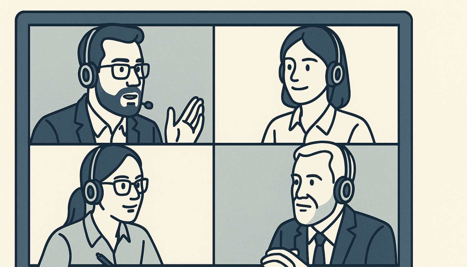 Digitāla ilustrācija modernā, plakanā mākslas stilā attēlo četru cilvēku tiešsaistes sapulci. Katrs dalībnieks redzams savā kvadrātā ekrānā, visi ar austiņām un mikrofonu. 