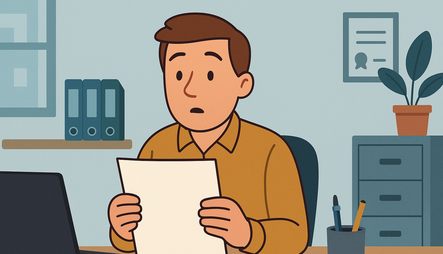 Cilvēks birojā sēž pie galda ar klēpjdatoru un skatās uz lapu savās rokās. Viņam ir viegli pārsteigts skatiens.