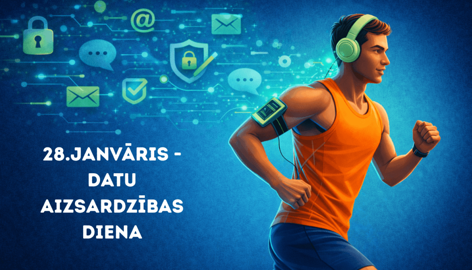 Ilustrācija ar skrienošu jaunieti sporta apģērbā un austiņās, ar viedtālruni uz rokas. No austiņām un telefona vizuāli plūst digitāli simboli