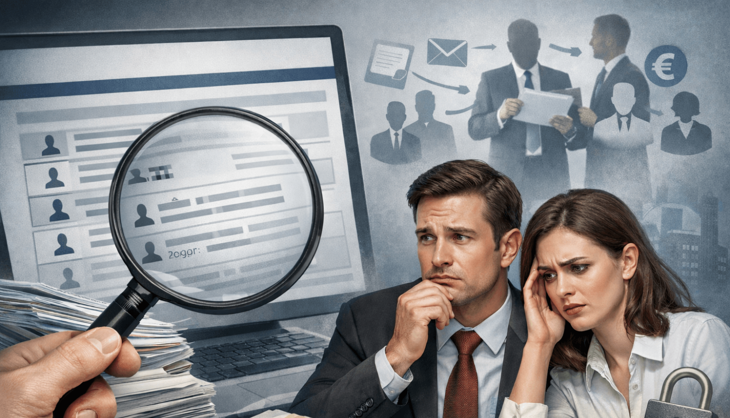 Uzņēmumu datu publiskas pieejamības un privātuma risku ilustrācija: satraukti uzņēmuma pārstāvji, palielināmais stikls pār digitāliem personas datiem un simboliski drošības un finanšu elementi.