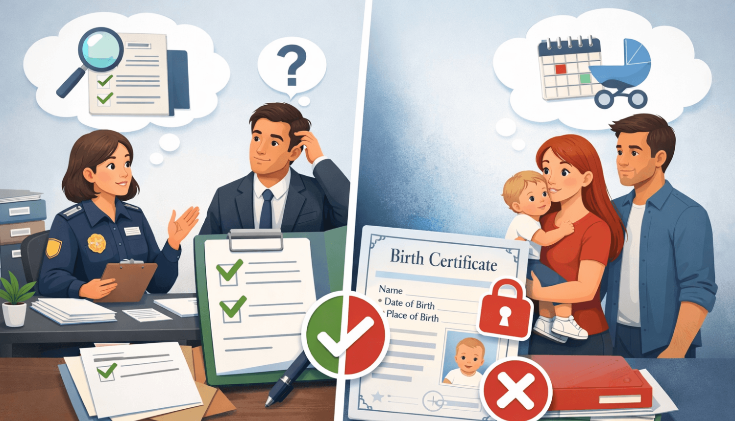 Darbinieks un darba devējs apspriež dokumentu pārbaudi, kamēr otrā pusē attēlota ģimene ar bērnu un dokuments, simbolizējot personas datu apstrādi un privātuma aizsardzību.