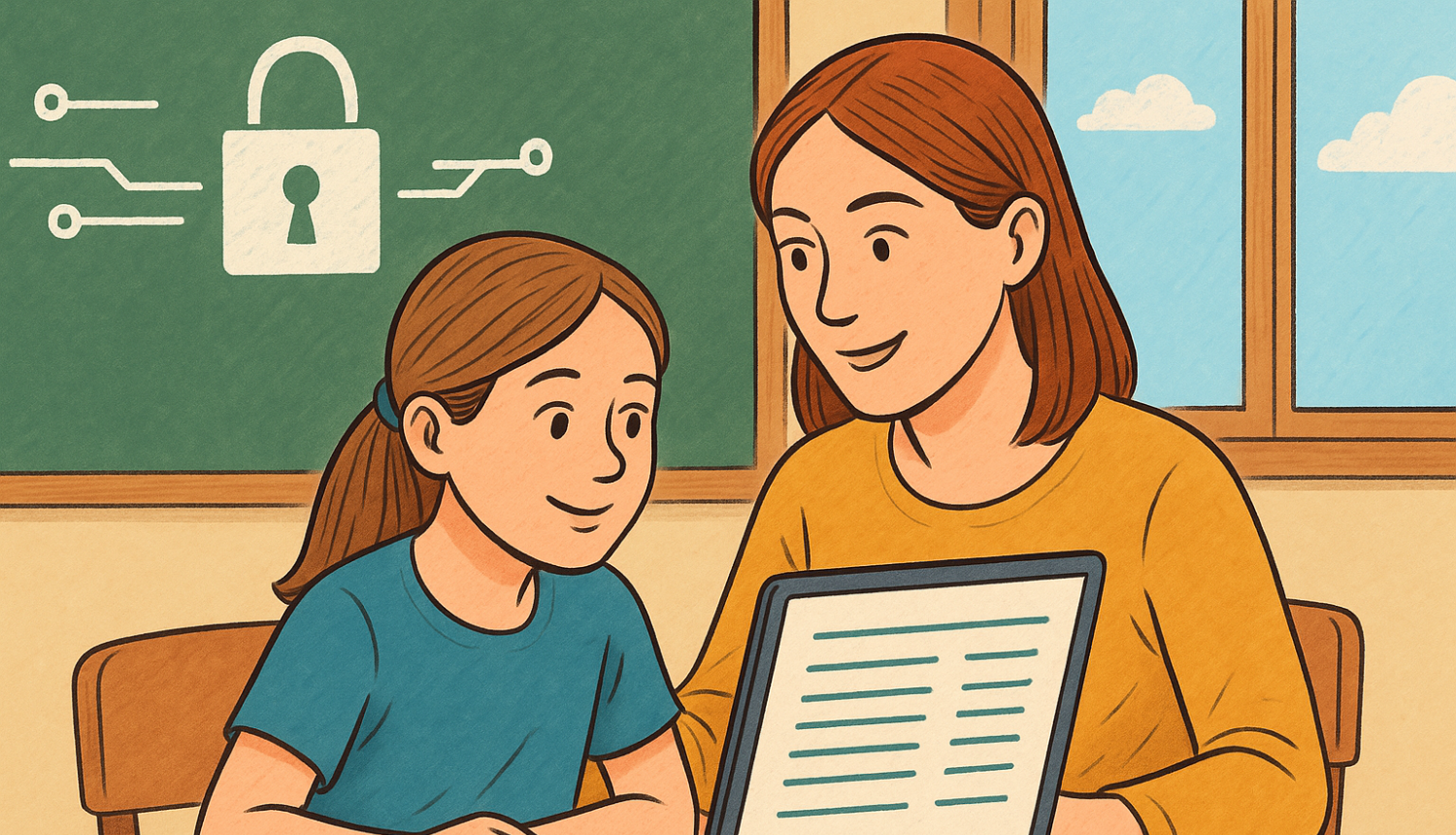 Zīmēta ilustrācija, kurā māte un meita sēž pie galda un skatās portatīvajā datorā; abas smaidīgas un ieinteresētas.
