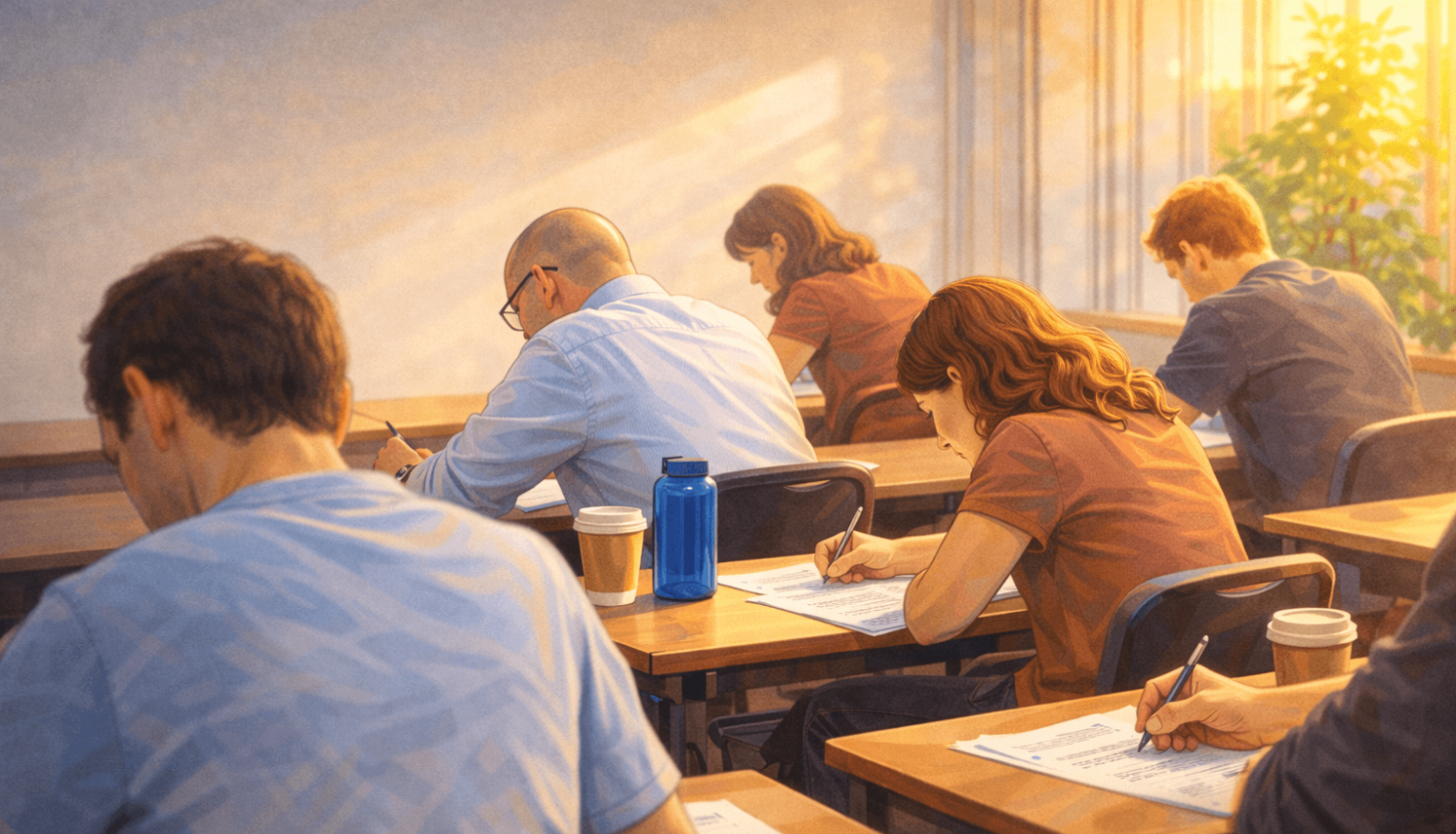 Saulainā telpā vairāki cilvēki sēž atsevišķos solos un koncentrēti raksta eksāmena darbu