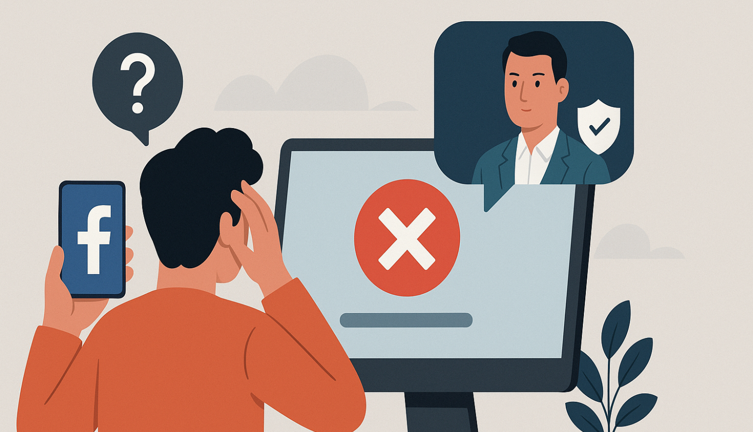 Cilvēks skatās uz telefonu ar Facebook logotipu un datoru, kurā redzams kļūdas simbols un svešas personas profils