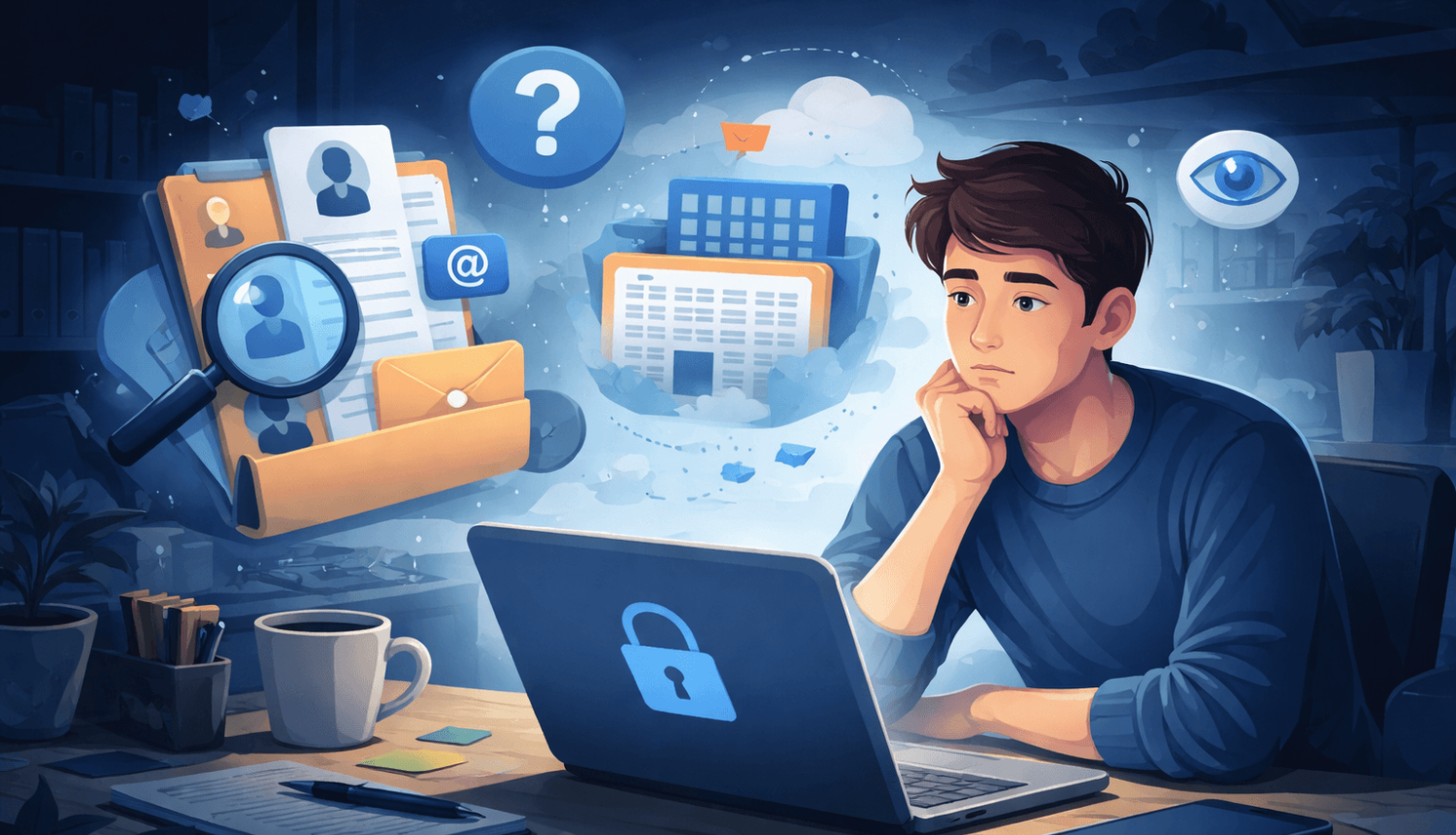 Domīgs cilvēks sēž pie datora un skatās ekrānā, kamēr apkārt redzami simboli, kas saistīti ar personas datiem un privātumu.