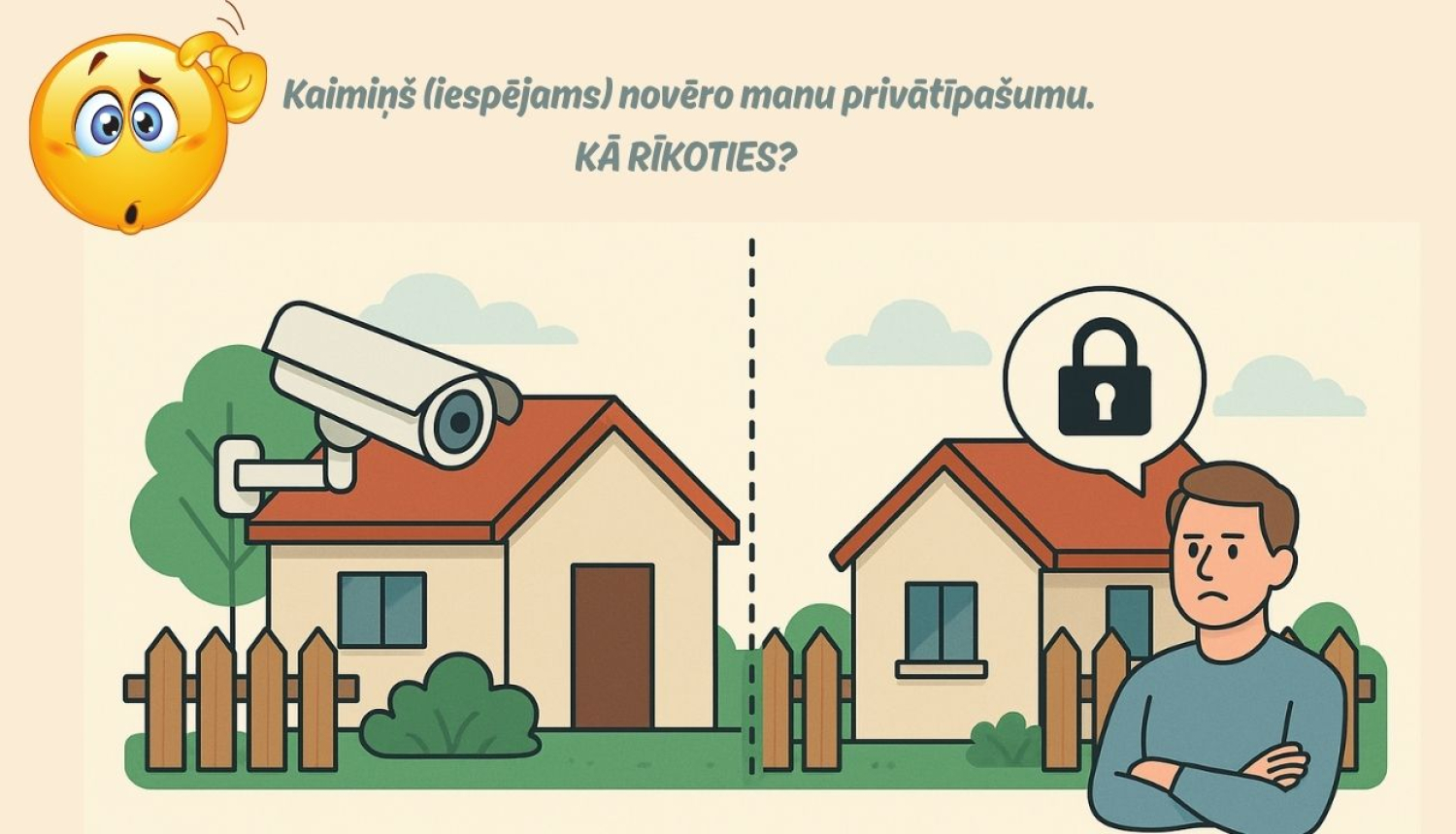 Attēlā redzamas divas blakus esošas mājas. Kreisajā pusē ir uzstādīta novērošanas kamera, kas ir vērsta uz otru māju. Labajā pusē stāv satraukts vīrietis ar sakrustotām rokām, virs kura redzama slēdzenes ikona, simbolizējot bažas par privātumu. Attēla augšdaļā ir uzraksts latviešu valodā: “Kaimiņš (iespējams) novēro manu privātīpašumu. KĀ RĪKOTIES?”, ko papildina domīgs emocijzīmes simbols.
