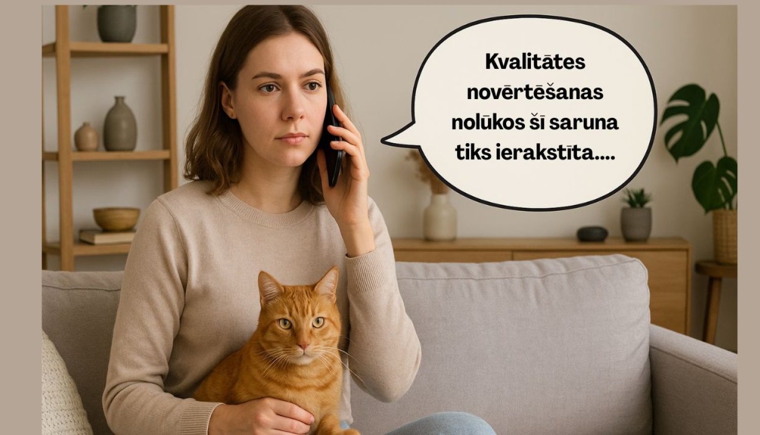 Sieviete sēž uz dīvāna, klēpī ruds kaķis. Sieviete runā pa telefonu. 