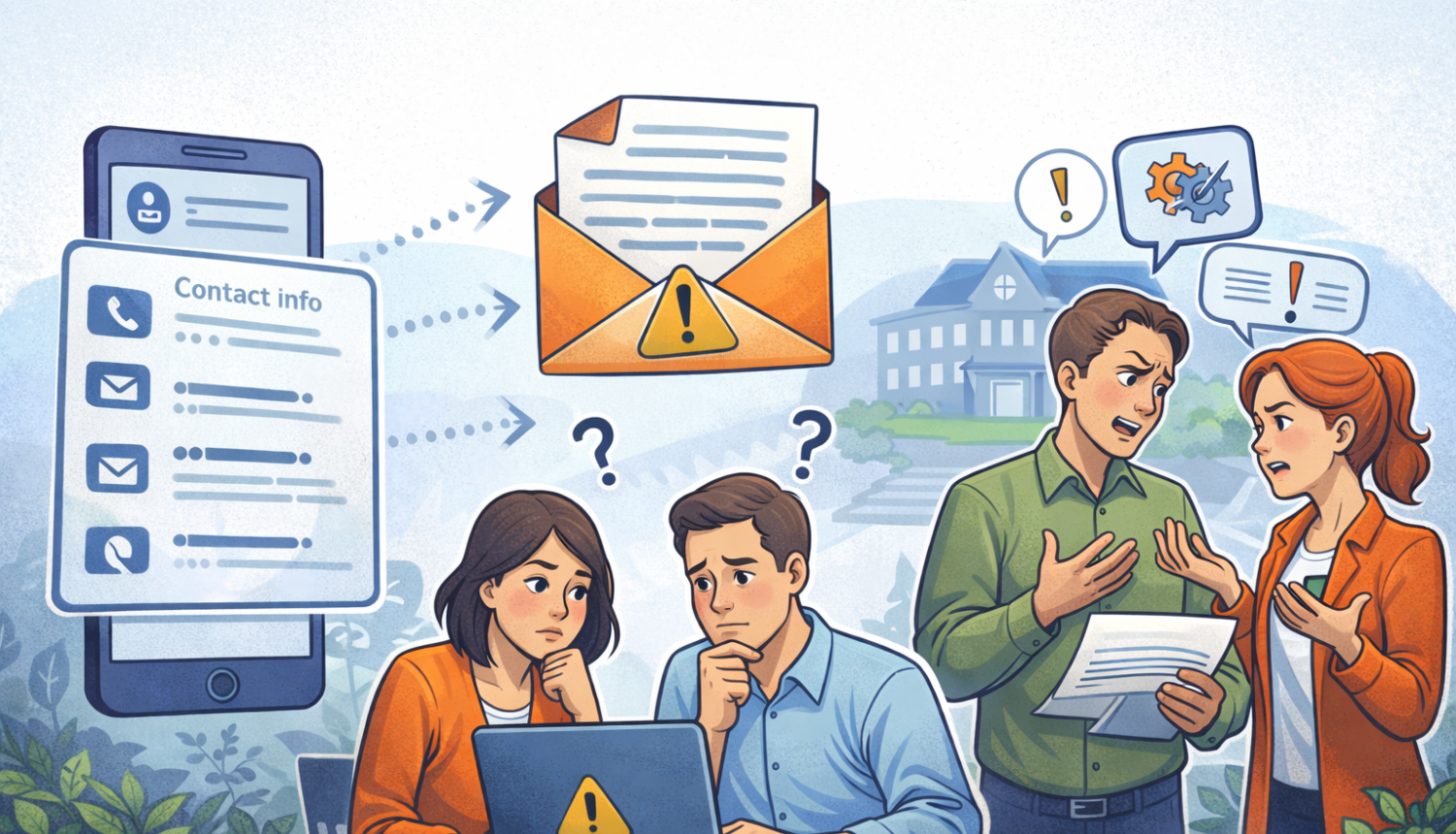 Ilustrācija, kurā redzami vecāki, kas ar bažām lasa e-pastu datorā, fonā skolas ēka un darbinieki, kas strīdas. Attēlā simboliski parādīta vecāku kontaktinformācijas izmantošana iekšēju konfliktu risināšanai skolā.