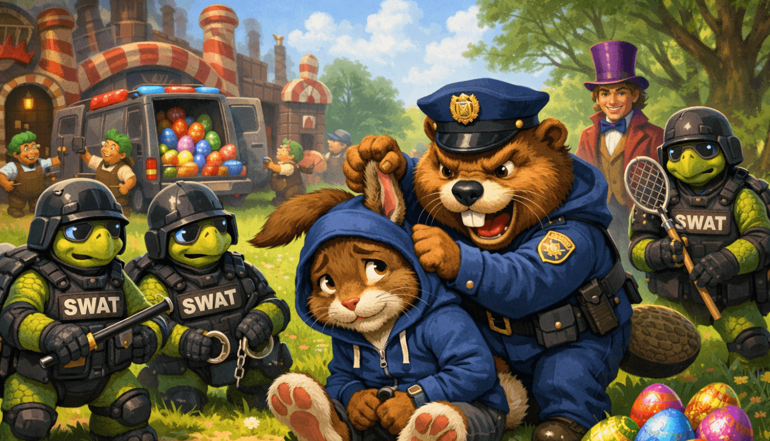 Animēta Lieldienu ilustrācija: policists-bebrs aiztur zaķi kapucē, kam apkārt stāv bruņurupuči policijas ekipējumā, fonā šokolādes fabrika, krāsainas Lieldienu olas un fantāzijas tēli.