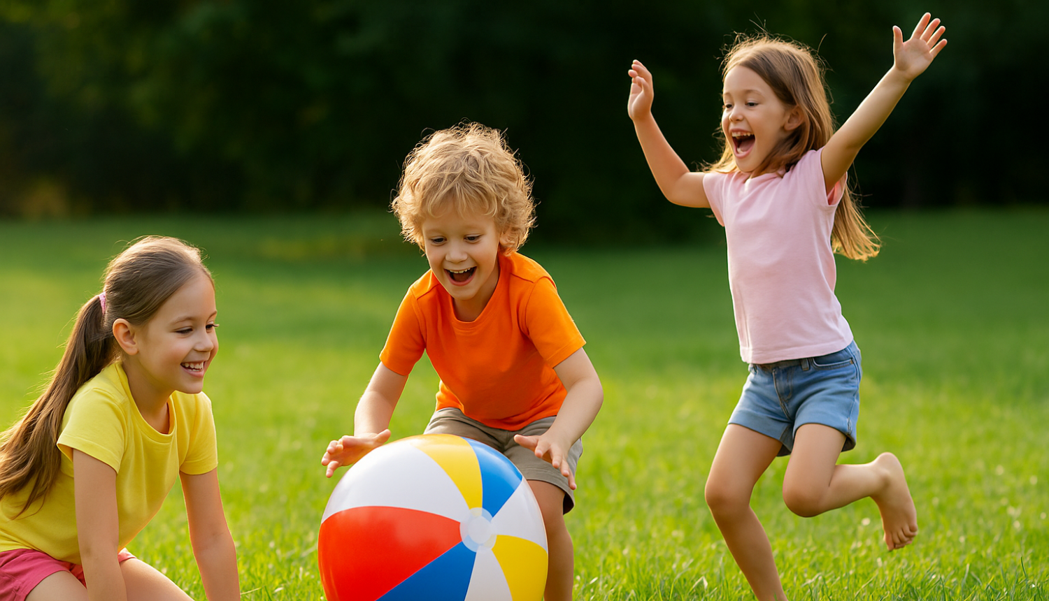 Trīs bērni rotaļājas saulainā pļavā ar košu, svītrainu pludmales bumbu – viens bērns tup un smaida, otrs- driblē, trešais lēkā ar paceltām rokām, apkārt zaļa zāle un fonā koku silueti.