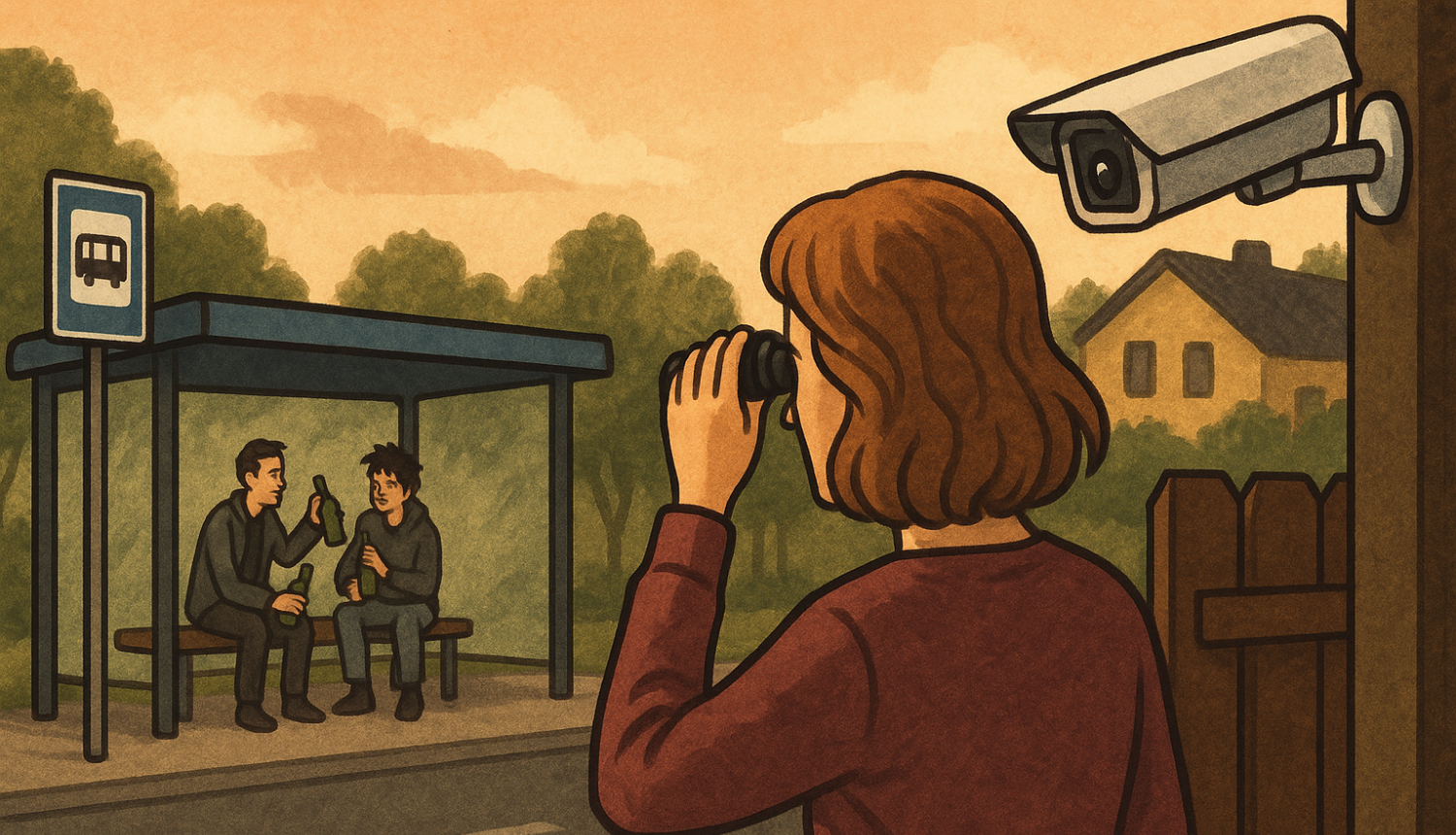 Sieviete savā pagalmā vēro autobusa pieturu, kur divi jaunieši sēž un dzer, kamēr pie mājas sienas uzstādītā videonovērošanas kamera ir vērsta ielas virzienā
