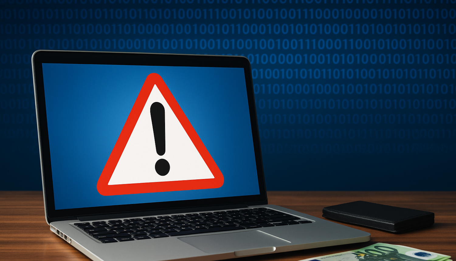 Klēpjdators ar brīdinājuma simbolu – sarkanu trijstūri ar izsaukuma zīmi –, kas simbolizē datu aizsardzības pārkāpumu
