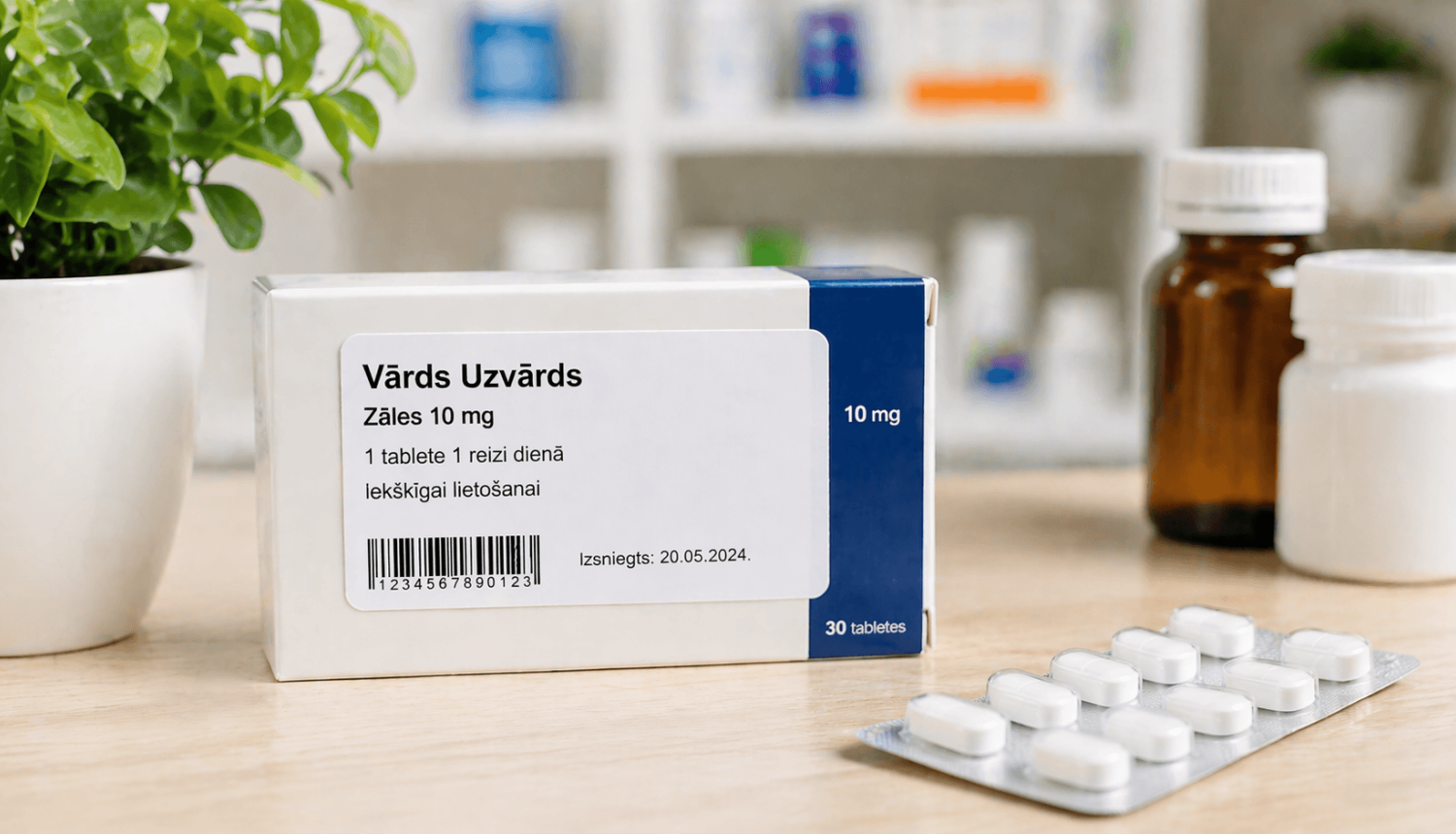 Recepšu zāļu iepakojums ar uzlīmi, uz kuras redzams pacienta vārds un lietošanas informācija, novietots uz galda aptiekas vidē.