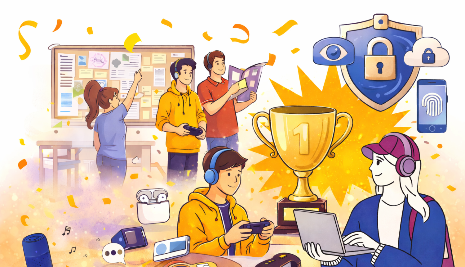 Ilustrācija ar jauniešiem, kas izmanto digitālās ierīces, sadarbojas un svin uzvaru konkursā, fonā redzama trofeja un tehnoloģiju simboli.