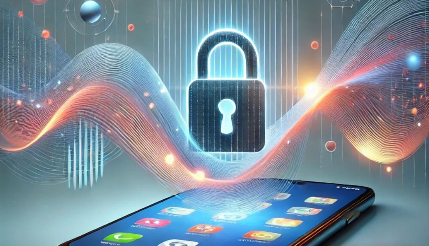 Stilizēts attēls ar viedtālruni, virs kura redzama digitāla piekaramā atslēga un viļņveida datu plūsmas, simbolizējot kiberdrošību un datu aizsardzību.