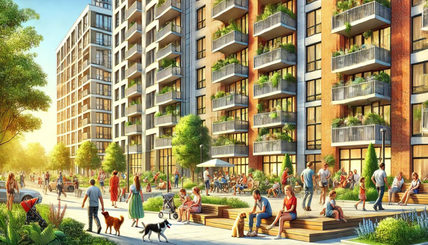 Daudzdzīvokļu mājas, pie kurām redzami cilvēki