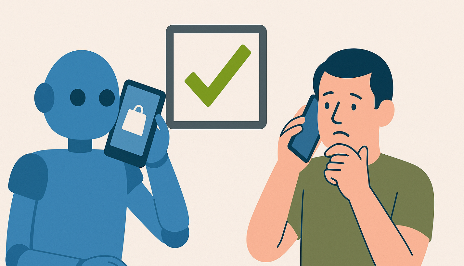 Cilvēks runā pa telefonu ar robotu, starp viņiem redzams zaļš atzīmes simbols, kas norāda uz piekrišanu automatizētiem zvaniem.