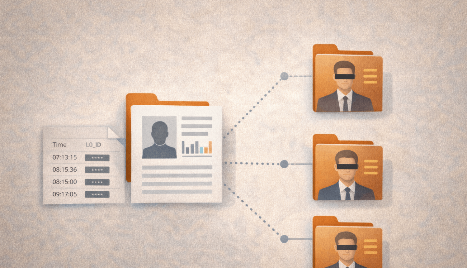 Kreisajā pusē redzama stilizēta personas datu lapa ar siluetu un diagrammas joslām, aiz tās - vēl viena mape