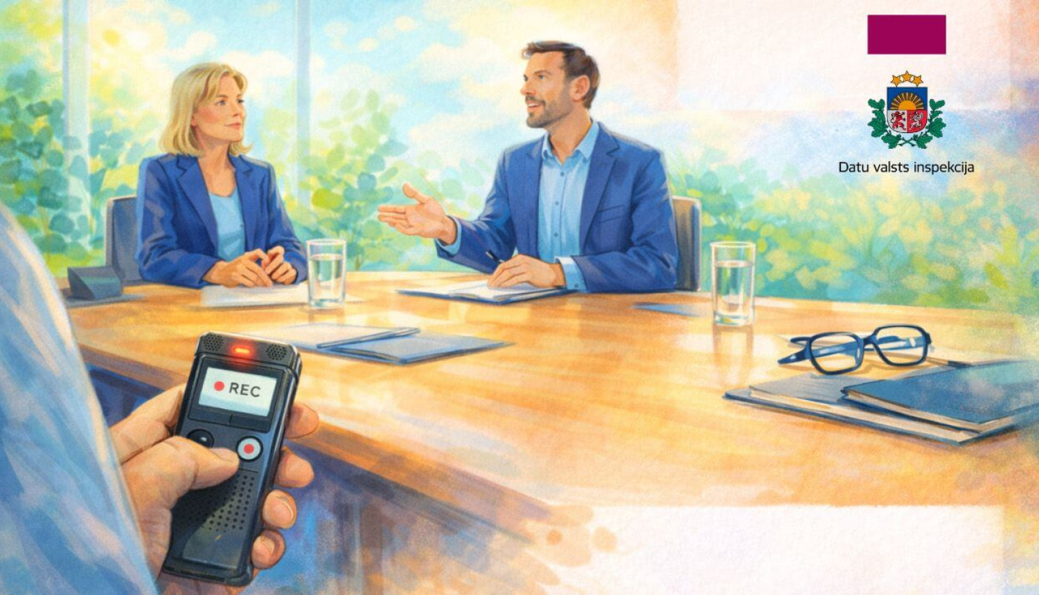 Darba sanāksme birojā, kur vairāki kolēģi sēž pie galda un sarunājas, bet priekšplānā redzama roka, kas slepus tur ieslēgtu diktofons