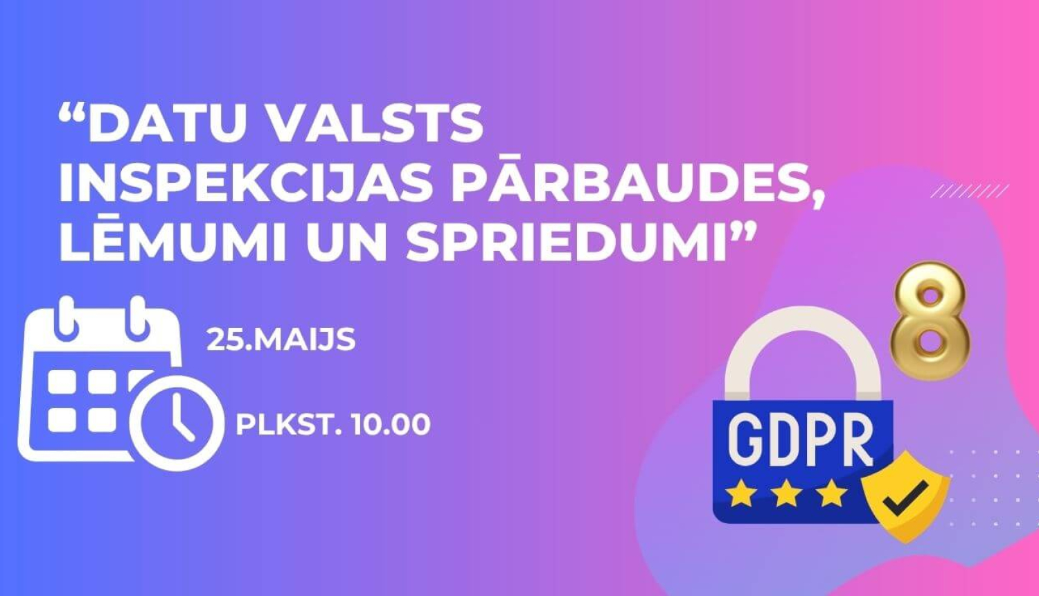 Attēls ar uzrakstu “Datu valsts inspekcijas pārbaudes, lēmumi un spriedumi”. Norādīts datums 25. maijs un laiks plkst. 10.00. Attēlā redzamas kalendāra un pulksteņa ikonas, kā arī GDPR simbolika ar slēdzeni un vairogu.