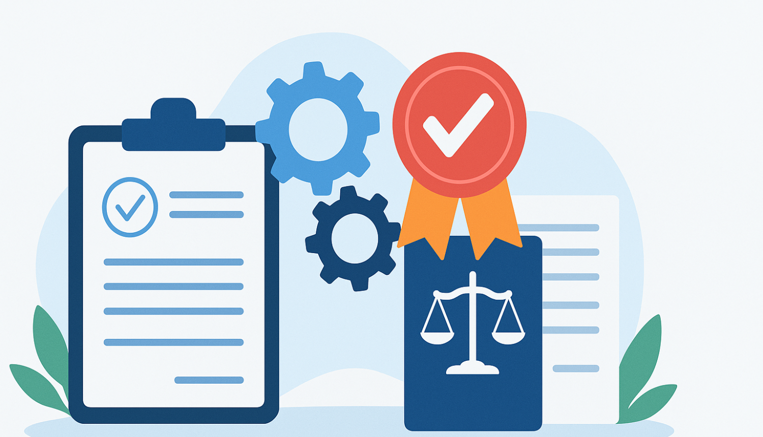 Ilustrācija, kurā redzama kontrolsaraksta planšete, zobrati, juridisks dokuments ar taisnīguma simbolu un sertifikāta emblēma ar atzīmi, kas simbolizē atbilstību un uzticamību.