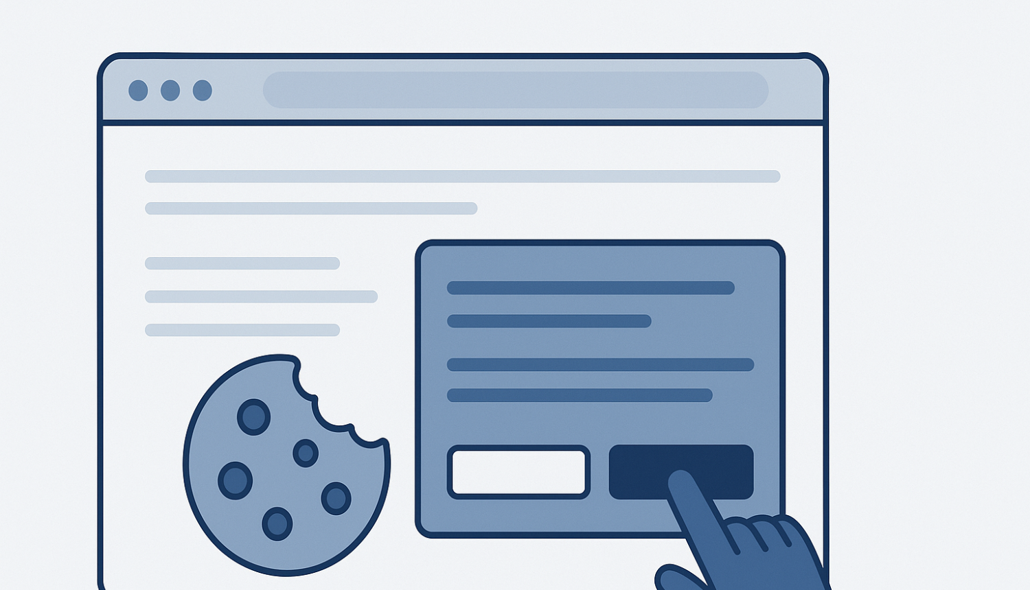 Tīmekļa pārlūka logs ar sīkdatnes simbolu un roku, kas noklikšķina uz pogas sīkdatņu piekrišanas logā