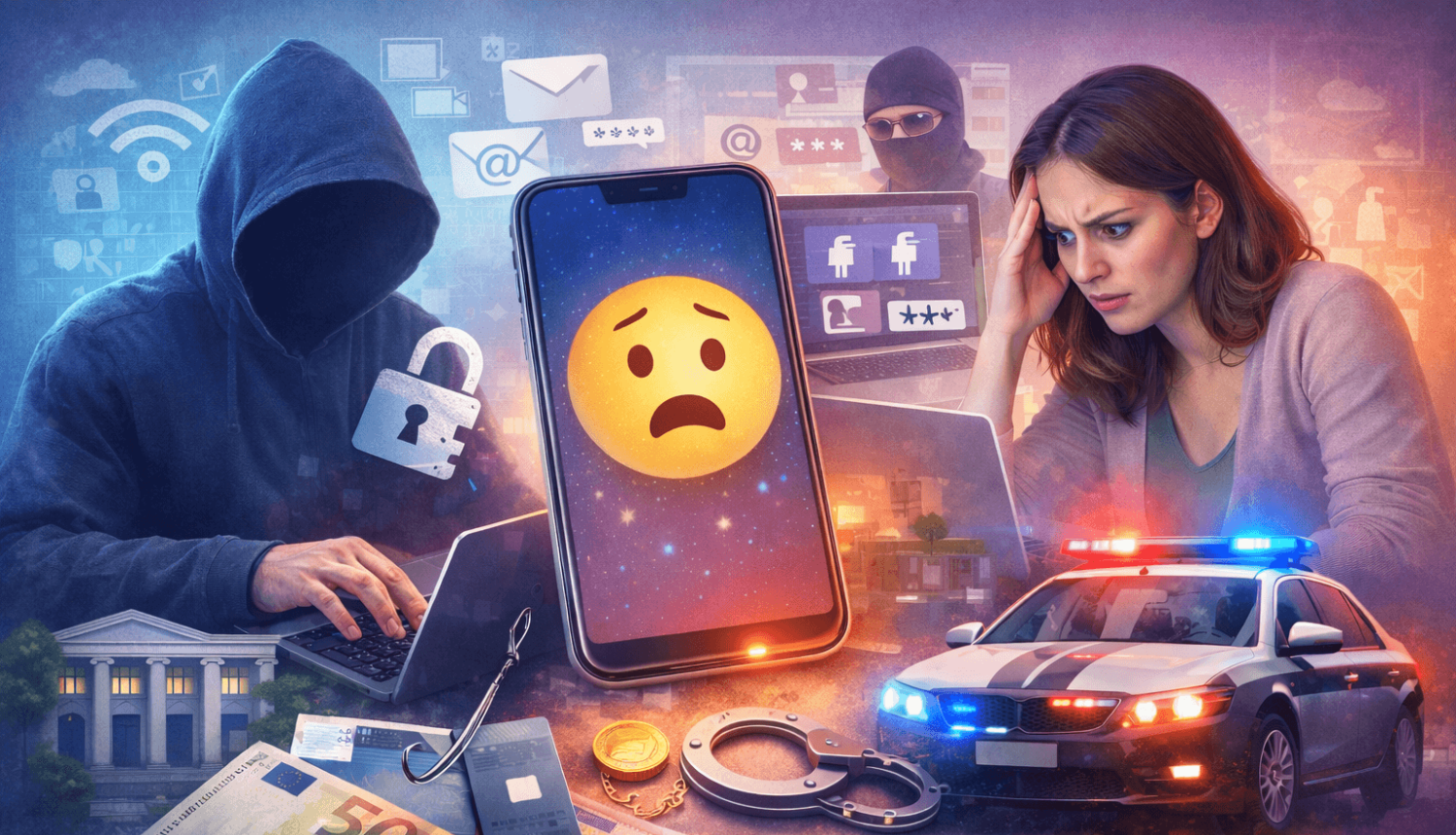 Ilustrācija, kas simboliski attēlo personas digitālās drošības apdraudējumu – viedierīces, e-pasta un tiešsaistes kontu aizsardzību, kā arī cilvēka satraukumu par nesankcionētu piekļuvi personīgai informācijai.