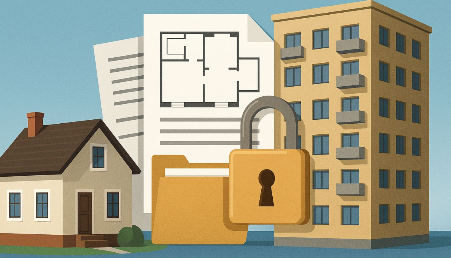 Ilustrācija ar privātmāju, daudzdzīvokļu ēku, būvprojekta plānu un mapīti ar piekļuves slēdzeni, simbolizējot būvniecības dokumentāciju un datu aizsardzību.