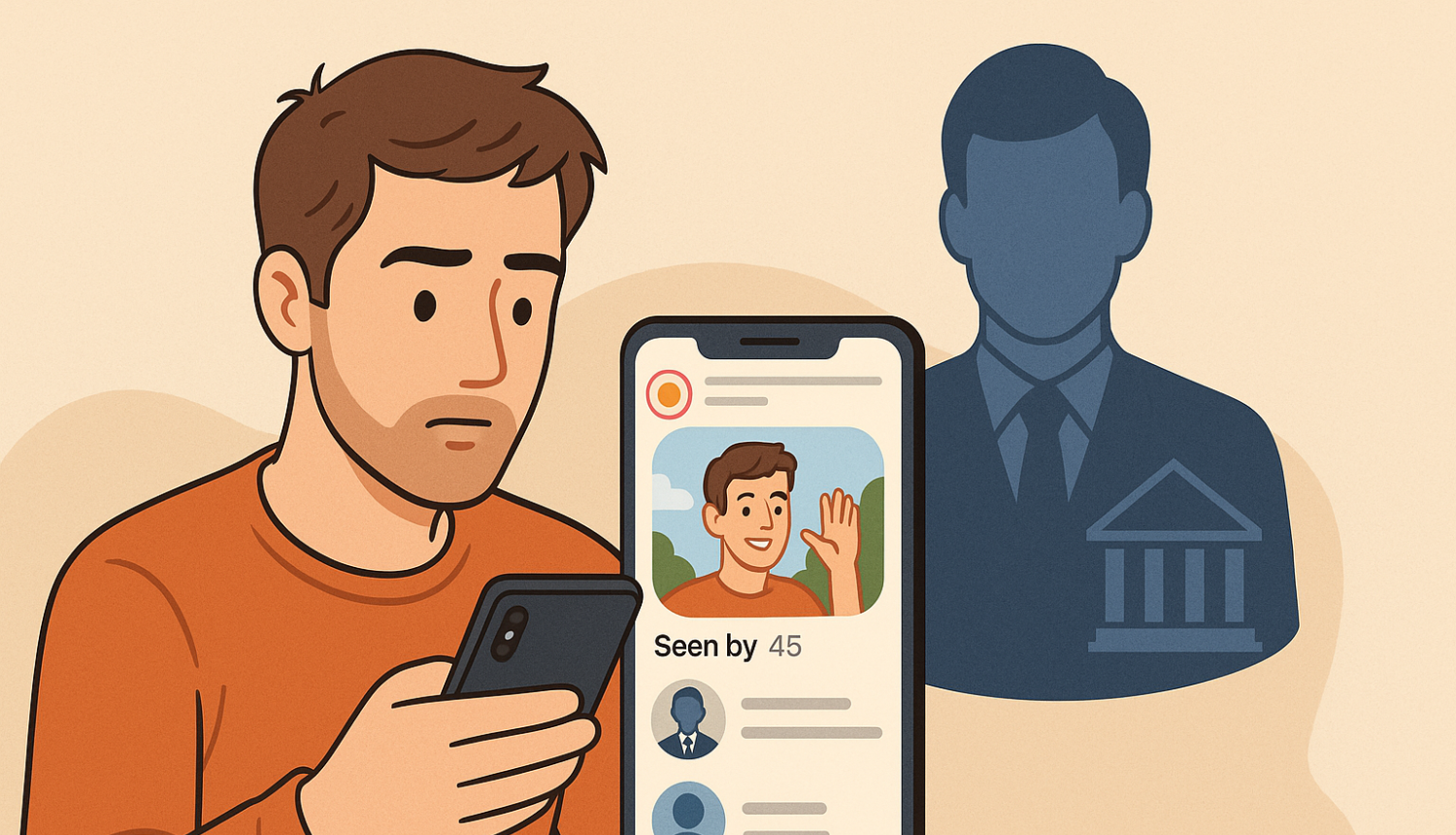 Vīrietis ar nopietnu sejas izteiksmi skatās savā tālrunī, kur redzams viņa sociālā tīkla ieraksts un skatītāju saraksts, starp kuriem ir arī valsts iestādes darbinieks uzvalkā, attēlots kā pelēna silueta figūra ar iestādes simbolu uz krūtīm.