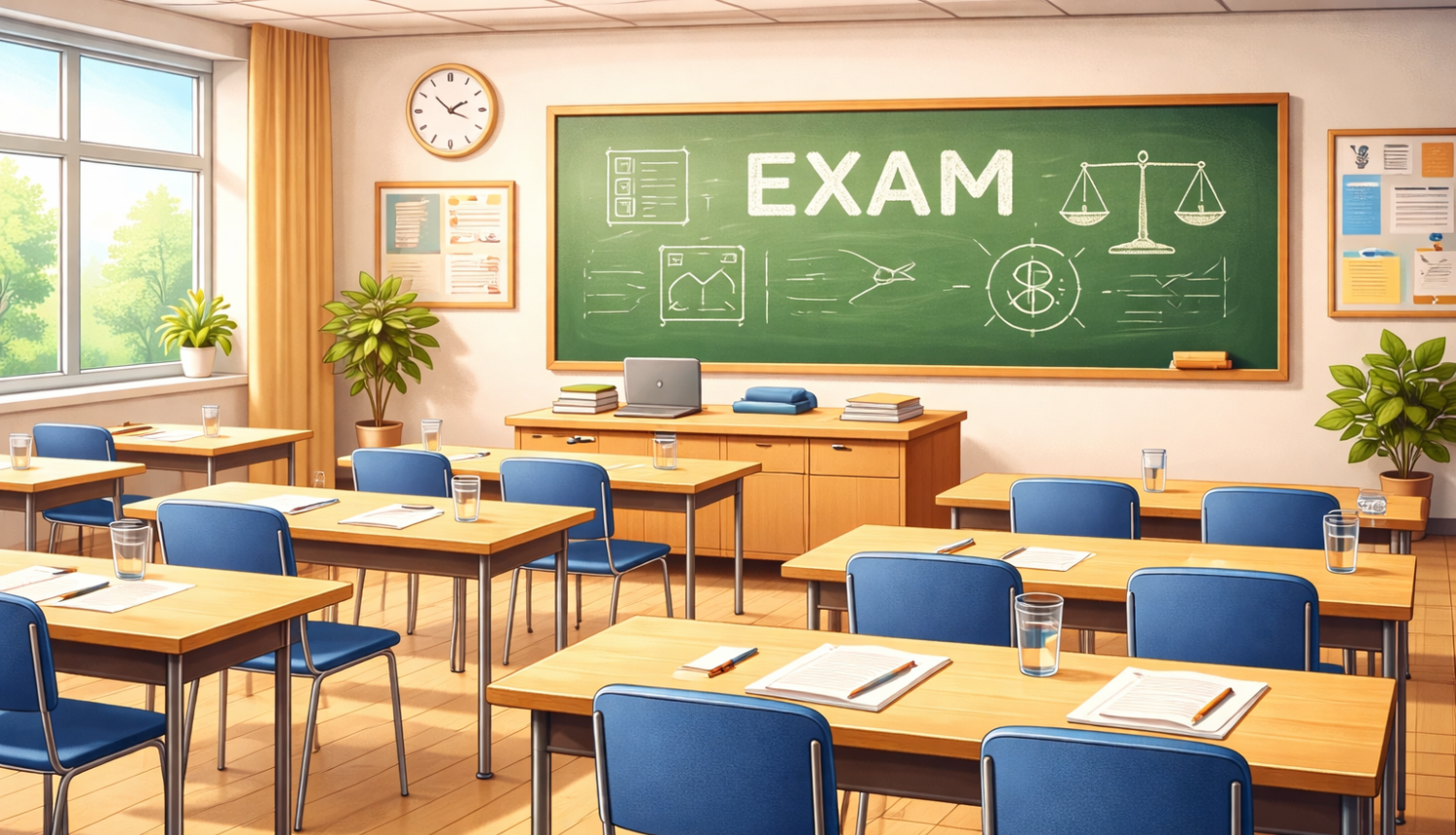 Gaiša klases telpa ar rindās izvietotiem koka galdiem un zilām krēsliem. Uz galdiem atvērtas burtnīcas un glāzes ar ūdeni, priekšā galds un liela tāfele pie sienas, telpā ieplūst dienasgaisma no loga