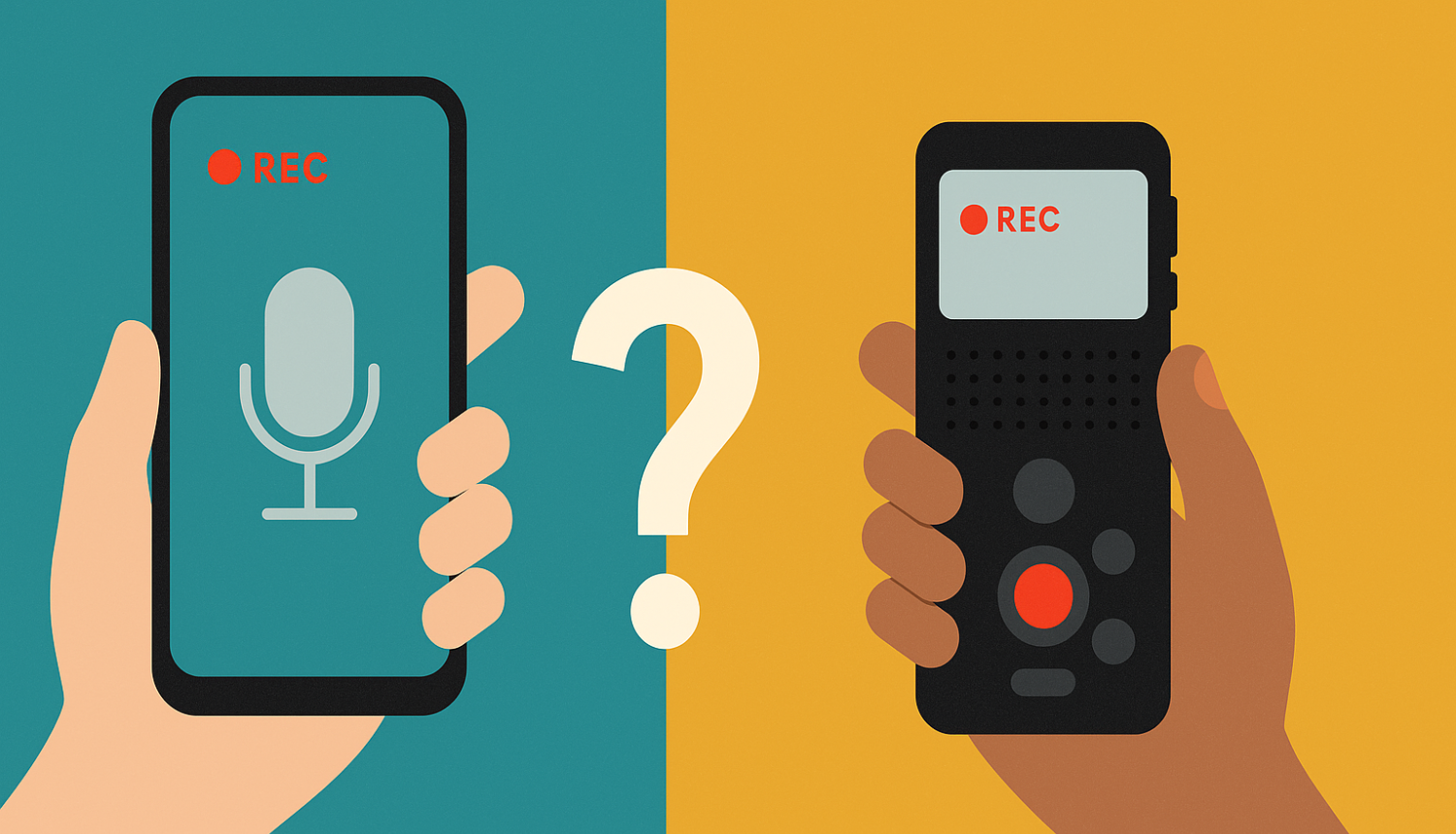 Divas rokas tur ierakstīšanas ierīces — viedtālruni un diktofonu — ar jautājuma zīmi starp tām; uz abām redzams “REC”